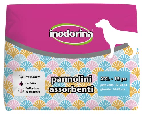 Inodorina, Saugfähige Einwegwindeln, atmungsaktive Technologie und Nassanzeige, mit Schwanzloch und Langen Flossen, für Hunde mit einem Gewicht von 32-50 kg, Größe XXL, 12 Stück von Inodorina