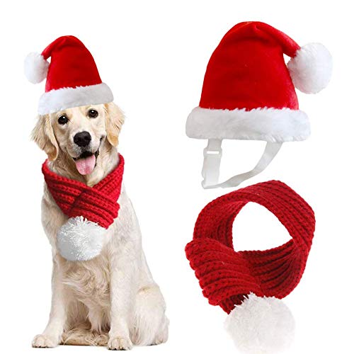 Inscape Data Weihnachtsmütze mit Schal, verstellbare Weihnachtsmannmütze für Hund und Xmas Haustier Stricken Roter Schal mit weißem Pompon Ball, Hund Winter Halswärmer Schal, Weihnachten Party Dressup von Inscape Data