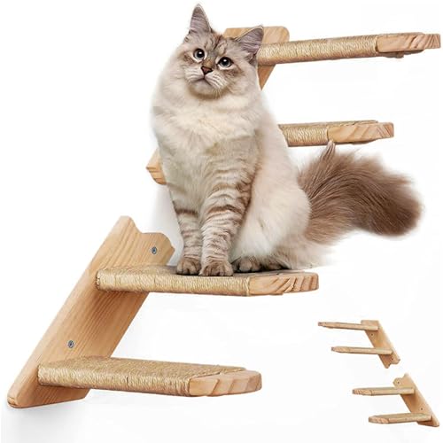 Inscrip Katzenwandmöbel Katzenbaum, Gummiholz Katzenklettergerüst mit Seil umwickelte Treppe, Katzenkletterregal Wandmontage, langlebige & ästhetische Katzenmöbel mit Katzenregalen, 2 Pack 2 Steps von Inscrip