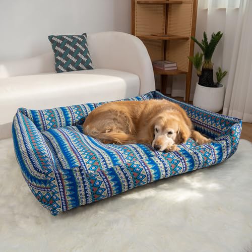 Intohou Bohemian waschbares Hundebett mit abnehmbarem Bezug, extra groß, flauschig, kühlendes Hundesofa, Anti-Angst, beruhigendes Hundekissen (XXL, Blau) von Intohou