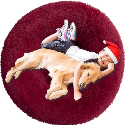 Intohou Flauschiges Donut-Hundebett, Anti-Angst, beruhigend, Plüsch-Hunde, rundes Kissen für Haustiere, Ø 40 cm, Weinrot von Intohou