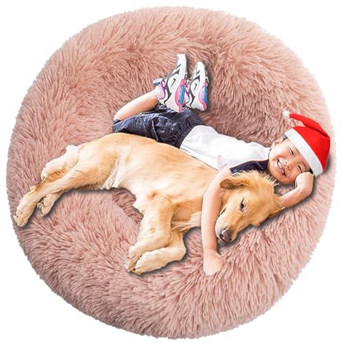 Intohou Flauschiges Donut-Hundebett, Anti-Angst, beruhigend, Plüsch-Hunde, rundes Kissen für Haustiere, Ø 60 cm, Lederrosa von Intohou