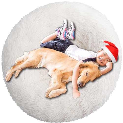 Intohou Flauschiges Donut-Hundebett, Anti-Angst, beruhigend, Plüsch-Hunde, rundes Kissen für Haustiere, Ø 70 cm, Weiß von Intohou