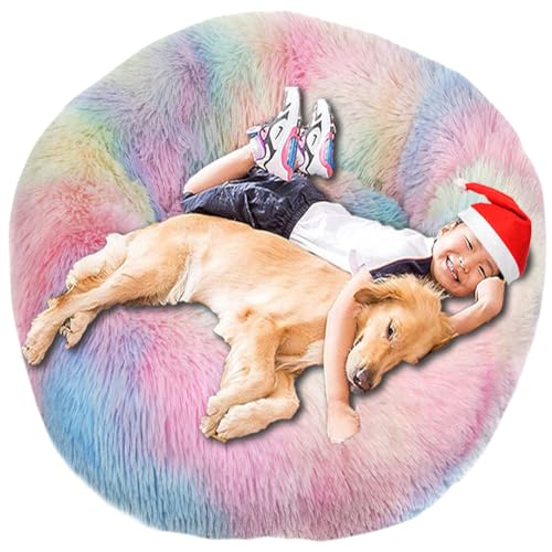 Intohou Flauschiges Donut-Hundebett, Anti-Angst, beruhigend, Plüsch-Hunde, rundes Kissen für Haustiere, Ø 90 cm, Batikfärbung, Regenbogen von Intohou