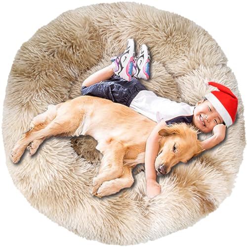 Intohou Flauschiges Donut-Hundebett, Anti-Angst, beruhigend, Plüsch-Hunde, rundes Kissen für Haustiere (Ø 110 cm, Batikbeige) von Intohou