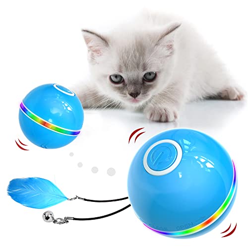 IOKHEIRA Katzenball mit LED-Licht, Elektrisch Zwei-Farben Katzenspielzeug Ball interaktives Spielzeug für Katzen, selbstdrehender 360-Grad-Ball, wiederaufladbares interaktives Blau Ball von IOKHEIRA