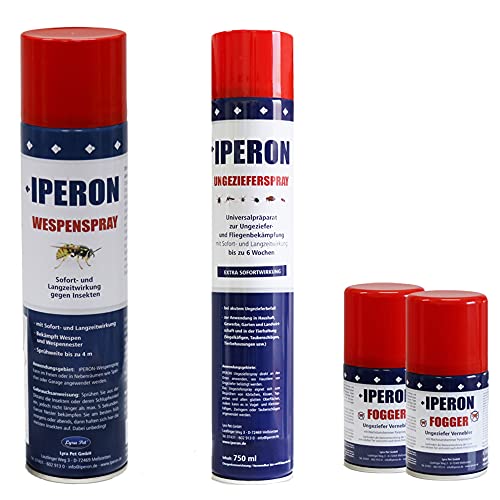 Iperon® 2 x 750 ml Ungezieferspray + 2 x 200 ml Fogger + 2 x 400 ml Wespenspray im Set mit Sofort- und Langzeitwirkung Insektenschutz Parasiten Flöhe Abwehrspray gegen Wespen + Zeckenhaken von Iperon