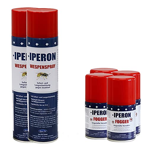 Iperon® 3 x 200 ml Fogger + 3 x 400 ml Wespenspray im Set Ungeziefervernebler für 6 Räume à 30 m² mit Sofort- und Langzeitwirkung Insektenschutz Parasiten Flöhe Abwehrspray gegen Wespen + Zeckenhaken von Iperon