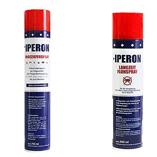 Iperon 6 x 750 ml Ungezieferspray + 6 x 400 ml Flohspray im Set Zeckenhaken mit Sofort- und Langzeitwirkung Insektenschutz Parasiten Flöhe Abwehrspray universal von Iperon