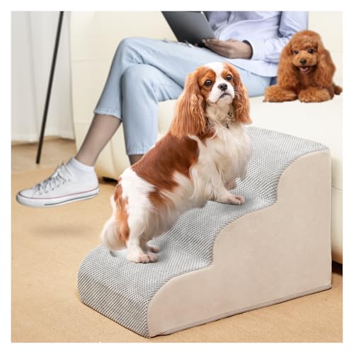 Iptienda Hundetreppe 3 Stufen, Tragbare Haustiertreppe aus Hochdichtem Schwamm, Stabile und rutschfeste Hundetreppe für Kleine Hunde Waschbare Abdeckung 54x37x32cm(Grau) von Iptienda