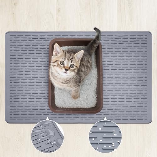 Iptienda Katzenklo Matte, Silikon Katzenstreu Matte rutschfest 86x56cm, Katzenklo Unterleger Katzenmatte Wasserdicht Anti-Urin, Katzentoilette Matte Leicht zu Reinigen (Grau) von Iptienda