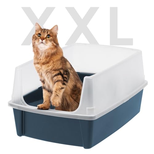 IRIS USA Extra große Katzentoilette, offene Katzentoilette für Großkatzen und Haushalte mit Mehreren Katzen, hochseitiges Streuschild, leicht zu reinigen, Marineblau von Iris Ohyama