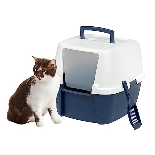 IRIS USA Jumbo geschlossene Katzentoilette mit Vordertürklappe und Schaufel, Katzentoilette mit Kapuze und leicht zugänglichem Griff und Schnallen für Tragbarkeit und Privatsphäre, Marineblau/Weiß von Iris Ohyama