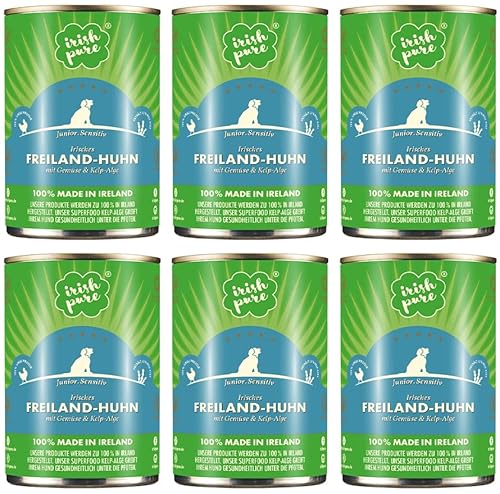 Irish Pure Premium Junior Nassfutter für Hunde | 6 x 390g | irisches-Huhn | Vitamine | Getreidefrei | Sensitiv | mit Superfood Kelp-Alge | Nassfutter für alle Rassen von Irish Pure