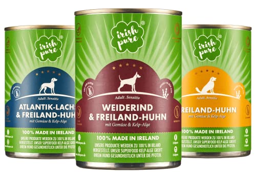 Irish Pure Premium Nassfutter für Hunde | Gemischt 3X 390g | Atlantik-Lachs, Weiderind, irisches-Huhn | Vitamine | Getreidefrei | Sensitiv | mit Superfood Kelp-Alge | Nassfutter für alle Rassen von Irish Pure