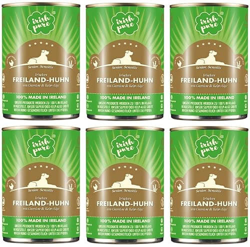 Irish Pure Premium Senior Nassfutter für Hunde | irisches-Huhn | Vitamine | Getreidefrei | Sensitiv | mit Superfood Kelp-Alge | Nassfutter für alle Rassen (6 x 390g) von Irish Pure