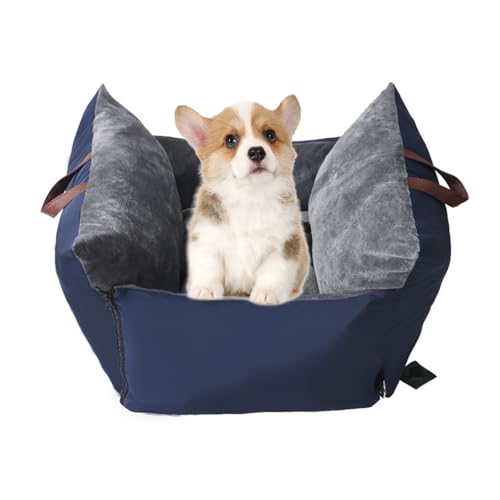 Hundeautositz Plüsch, weicher Hundebooster Sitz Polyester, Baumwollfüllung Haustier Autositz, wasserdichte rutschfeste Hundetransportträger, Haustier Booster Sitz mit stabilem Gürtel (Navy, One Size) von Irrun