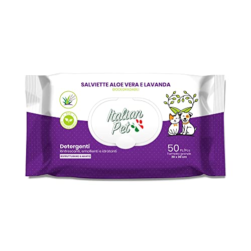 Italian Pet - Biologisch abbaubare Tücher Aloe Vera und Lavendel - Feuchttücher für Pfoten, Maulkorb und Haare von Hunden, Katzen, Kaninchen, Haustieren - 50 Einweg-Bio-Tücher - 20x30 cm von Italian Pet