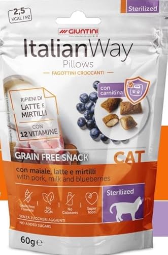 ItalianWay Cat Pillow Snack Sterilized Schweinefleisch, Milch und Blaubeeren (60 g x 8 Stück) von ItalianWay