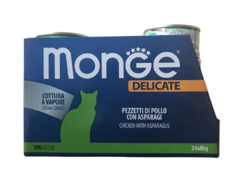 Monge Delicate natural superpremium quality Hühnchen mit Spargel für Katzen, Dampfgarer, Packung mit 24 Dosen (je 80 g), ohne Farb- und Konservierungsstoffe von Italy