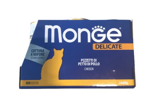 Monge Delicate natural superpremium quality Hühnchenstücke für Katzen, Dampfgarer, 24 Dosen (je 80 g), Natur, Alleinfuttermittel, ohne Farb- und Konservierungsstoffe von Italy