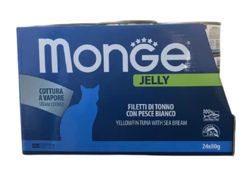 Monge Jelly natural Superpremium Quality Thunfischfilets mit Weißfisch für Katzen, Dampfgarer, 24 Dosen (je 80 g), ohne Farb- und Konservierungsstoffe von Italy