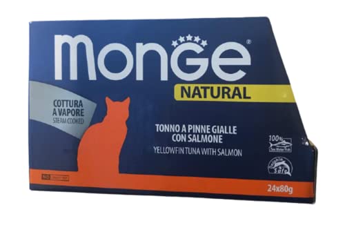 Monge Natural Superpremium quality Gelbflossen-Thunfisch mit Lachs für Katzen, Dampfgaren, 24 Dosen (80 g), ohne Farb- und Konservierungsstoffe von Italy