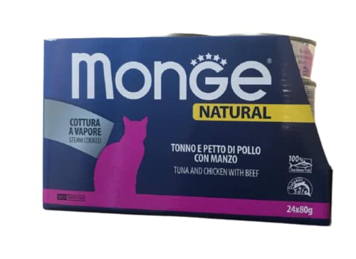 Monge Natural Superpremium quality Thunfisch und Hühnerbrust mit Rindfleisch für Katzen, Dampfgaren, 24 Dosen (80 g), ohne Farb- und Konservierungsstoffe von Italy