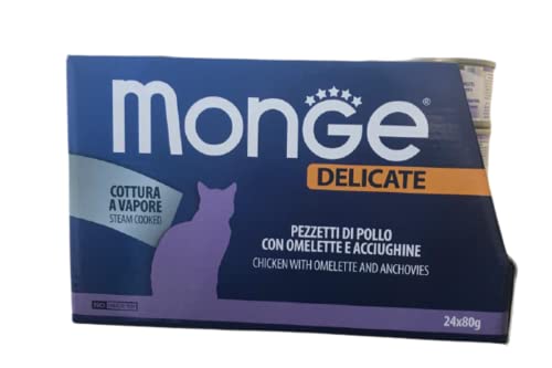 Monge delicate natural superpremium quality Hähnchenstücke mit Omelett und Sardellen für Katzen, Dampfgarer, 24 Dosen (je 80 g), ohne Farb- und Konservierungsstoffe von Italy