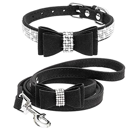 Hundehalsband Mit Leine Set Haustierhalsbänder und Leinen Verstellbare Hundekatze Bowknot Kristall Hundehalsband für Kleine Hunde Mittelgroße Hunde von Izefia