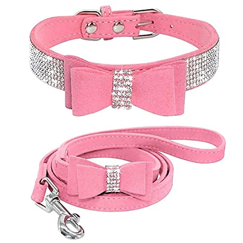 Hundehalsband Mit Leine Set Haustierhalsbänder und Leinen Verstellbare Hundekatze Bowknot Kristall Hundehalsband für Kleine Hunde Mittelgroße Hunde von Izefia