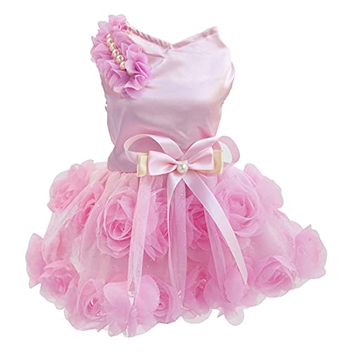 Hundekleid Luxus Welpenrock Hundekleidung Prinzessin Kleider Hochzeitsabendkleid Tutu Rock Rose Blume Bowknot Kleid für Kleine Hundemädchen Pink XS von Izefia