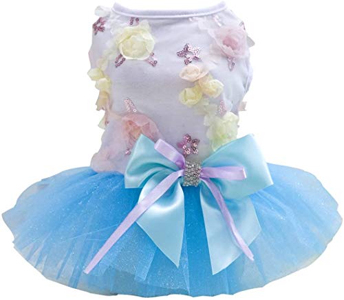 Hundekleid Welpenrock Hundeprinzessin Kleider Ballett Tutu Blume Hochzeit Spitze Kleid Luxus Bogen Kleid für kleine Hundemädchen (S, Blau) von Izefia