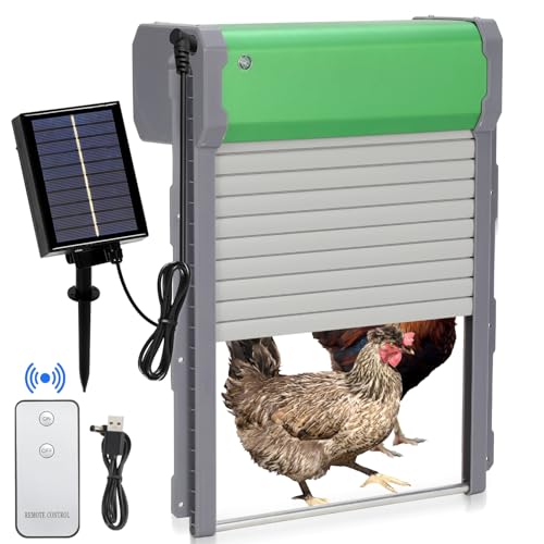 Izrielar Hühnerklappe Solar Rolltor, Automatische Hühnerklappe mit Timer, Lichtsensor, Fernbedienung, Intelligenter Einklemmschutz Automatisch, Wasserdichter Hühnerstall Hühnertür von Izrielar