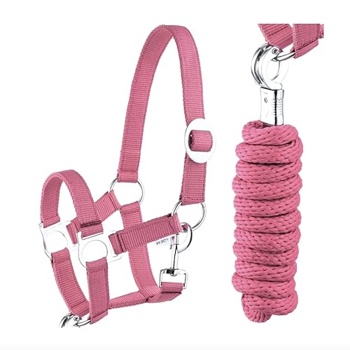 Halfter Führstrick Set mit Karabinerhaken verstellbar Pferdehalfter Pferd Holzpferd Anbindestrick (Panikhaken Pink, Mini Shetty) von JA Horse