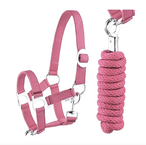 Halfter Führstrick Set mit Karabinerhaken verstellbar Pferdehalfter Pferd Holzpferd Anbindestrick (Panikhaken Pink, Mini Shetty) von JA Horse