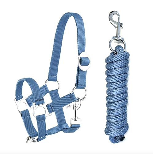 JA Horse Halfter Führstrick Set mit Karabinerhaken verstellbar Pferdehalfter Pferd Holzpferd Anbindestrick (Karabinerhaken Blau, Pony) von JA Horse