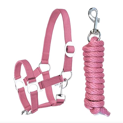 JA Horse Halfter Führstrick Set mit Karabinerhaken verstellbar Pferdehalfter Pferd Holzpferd Anbindestrick (Karabinerhaken Pink, Mini Shetty) von JA Horse