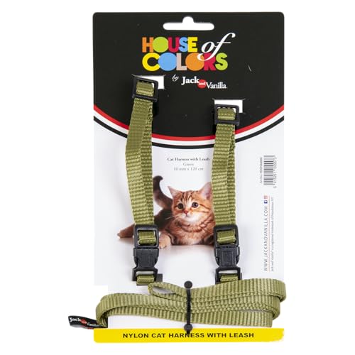 JACK AND VANILLA, Bequemes Katzengeschirr aus Nylon mit Leine 120 cm, Sicherheitsschnallen, ergonomisches und ästhetisches Design, Größe 10 mm, Farbe Grün, Modell Comfort von JACK AND VANILLA