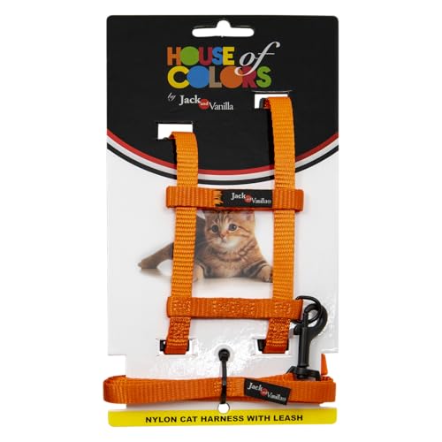 JACK AND VANILLA, Ergonomisches Katzengeschirr mit Leine, langlebiges Nylon, verstellbar, optimaler Komfort, modernes Design, Farbe Orange, Größe 10 mm x 120 cm, Modell Nylon von JACK AND VANILLA