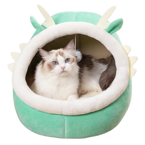 JACKANNA Indoor-Katzenbett, halb geschlossenes waschbares gepolstertes Katzenbett, weiches Plüsch Premium-Baumwolle Nicht abgenutzt Haustier Bett (Blaugrünes Drachennest, L) von JACKANNA