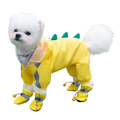 Jackanna All-Inclusive Welpe Hund Regen Vier Füße wasserdicht Teddy Bichon Haustier Kleiner Hund schmutzig Regen Kleidung mit Füßen Regen Mantel (Gelber Dinosaurier, XL) von JACKANNA