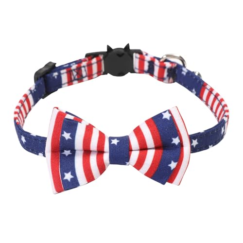 Jackanna Bow Pet Collar, American Independence Day Star Print Cat Dog Bow Bequemes verstellbares Hundehalsband für kleine Katzen und Hunde (Rot, weiß und blau gestreift) von JACKANNA