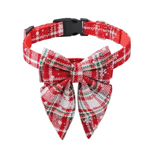 Jackanna Bow Pet Collar, Weihnachten drucken Katze Hund Schleife Bequeme verstellbare Hundehalsband für kleine Katzen und Hunde (Rote und weiße Schneeflocke) von JACKANNA