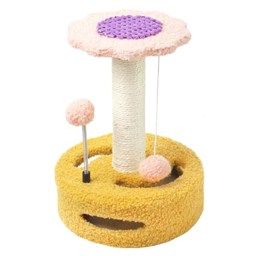 Jackanna Cute Sunflower Cat Scratching Post, Katze Kratzbrett mit Bett, Sisal Scratching Post, Kätzchen Bett Katze Barsch, kleine Katze Turm mit hängenden Spielzeug (Gelb + Rosa) von JACKANNA