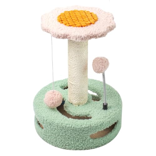 Jackanna Cute Sunflower Cat Scratching Post, Katze Kratzbrett mit Bett, Sisal Scratching Post, Kätzchen Bett Katze Barsch, kleine Katze Turm mit hängenden Spielzeug (Grün+Rosa) von JACKANNA