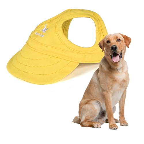 Jackanna Hunde-Baseballmütze mit Ohrlöchern, Outdoor-Sonnenhut, für kleine und mittelgroße Hunde und Katzen, mit verstellbarem Nackenband (Gelb, L) von JACKANNA