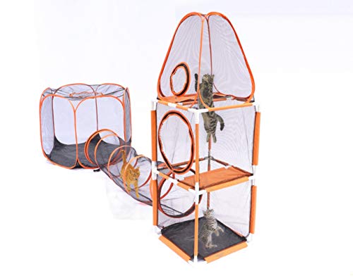 3-Levels Katzenturm, Hexagonzelt und Tunnel, tragbare Laufgitter Spielzelte für Katzen, Kaninchen, Frettchen und kleine Tiere von JAGAHAHA