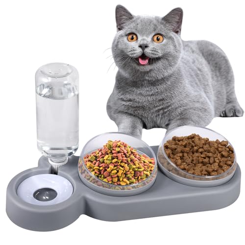 JAMATA 3-in-1 Katzennapf-Set mit 15° Neigung,Doppel-Futternapf für Nass- & Trockenfutter + Automatische Wasserflasche,Gesundheitsfördernd & Einfach zu Reinigen - Ideal für Katzen & Kleine Hunde von JAMATA