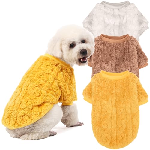 JAMPAYANG Hundepullover, 3er-Pack, Hundepullover für kleine Hunde oder Katzen, Mädchen oder Jungen, warme Hundekleidung, Hemdmantel für den Winter, Weihnachten (Beige, Kaffee, Gelb, M) von JAMPAYANG